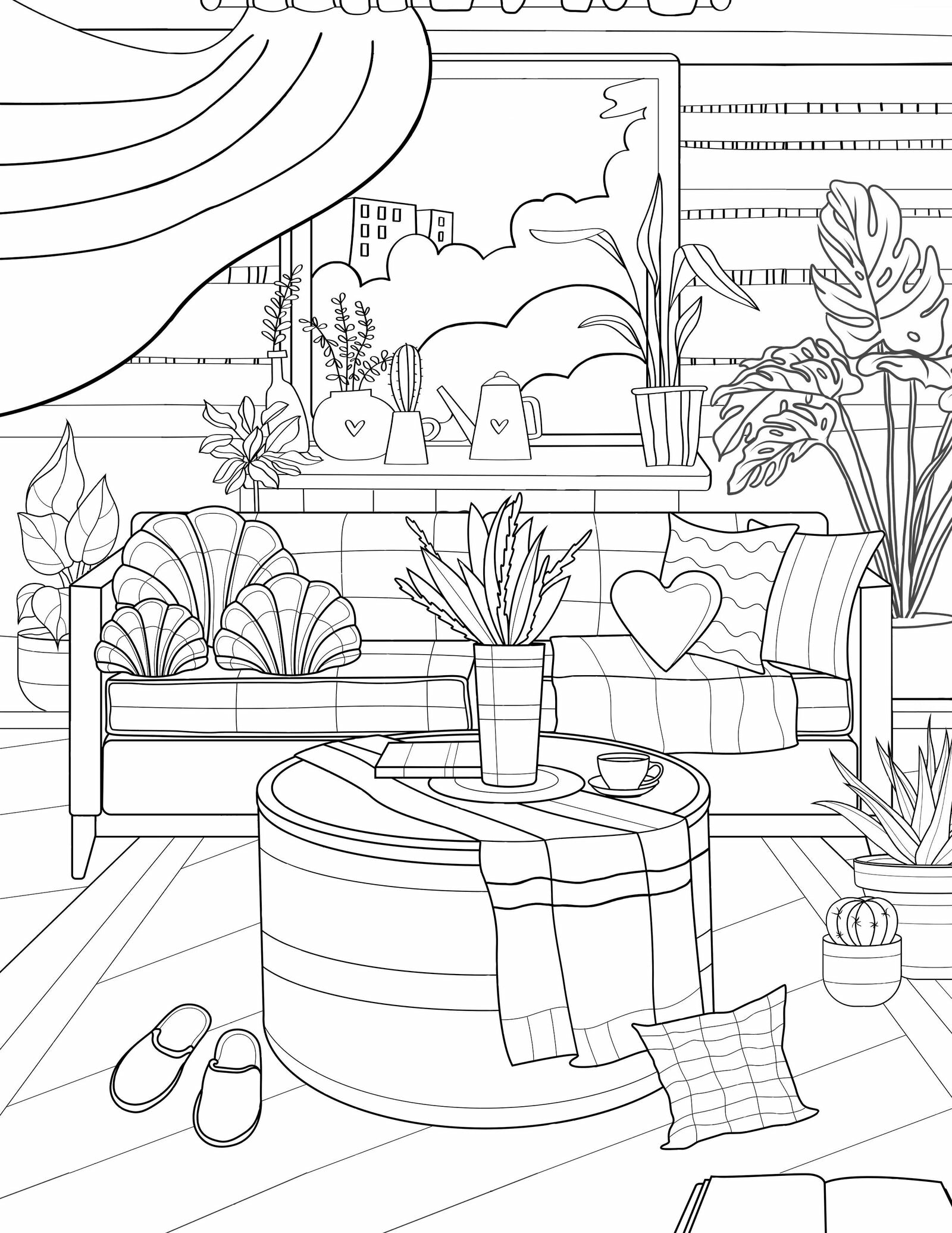 Free printable, coloring page, houseplant theme coloring page, gift for houseplant lovers, therapeutic gift